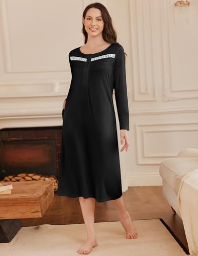Ekouaer Long Sleeve Nightgowns for Women Long Sleepshirts Button Night Gowns Sleepwear Full Length Sleep Dress with Pockets2