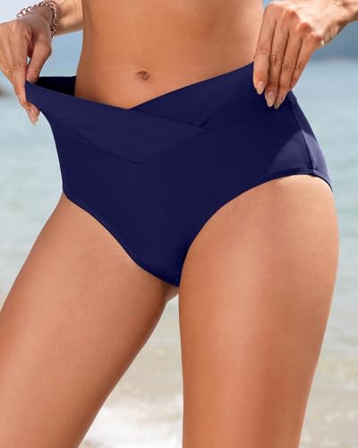 Image of Women V Cut Full Coverage Bikini Bottom - High Waist Swim Bathing Suit Bottoms Cross V Front Swimsuit