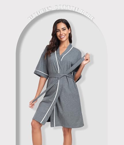 Image of ANLIQI Womens 100% Cotton Robes Lightweight Summer Short Sleeve Lady Bathrobe Knee Length Kimono Robe Sleepwear with Pockets