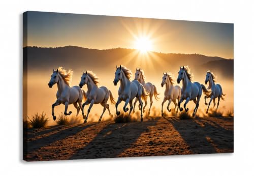 Image of 7 Horse Vastu Sunrise Canvas Painting | Positive Energy Wall Decor | Big Size Premium Running Horses Artwork for Home, Office & Hall Decoration (Modern, Golden Horse, 26x18 Inch)