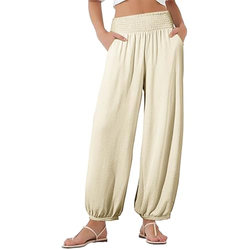 NSICBMNO Beige Harem Pants Women Wide Leg Cotton Trousers Elasticated Waist Trouser Baggy Joggers with Pockets Loose Lounge Pants Summer Beach Trousers Yoga Pant Slacks for Casual Holiday Beach