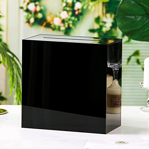 Image of UNIQOOO Black Acrylic Wedding Card Box with Slot, Thick DIY Large 10x10x5.5 inch w /No Print, Wedding Receptions Wishing Well Money Box, Birthday, Memory Box, Suggestion Boxes, Acrylic Ballot Box