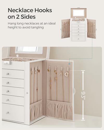 SONGMICS 6 Tier Jewelry Box, Jewelry Storage Organizer with 5 Drawers, Large Storage Capacity, with Mirror, Lockable, Jewelry Case, Gift for Loved Ones, For Watches, White UJBC152W014