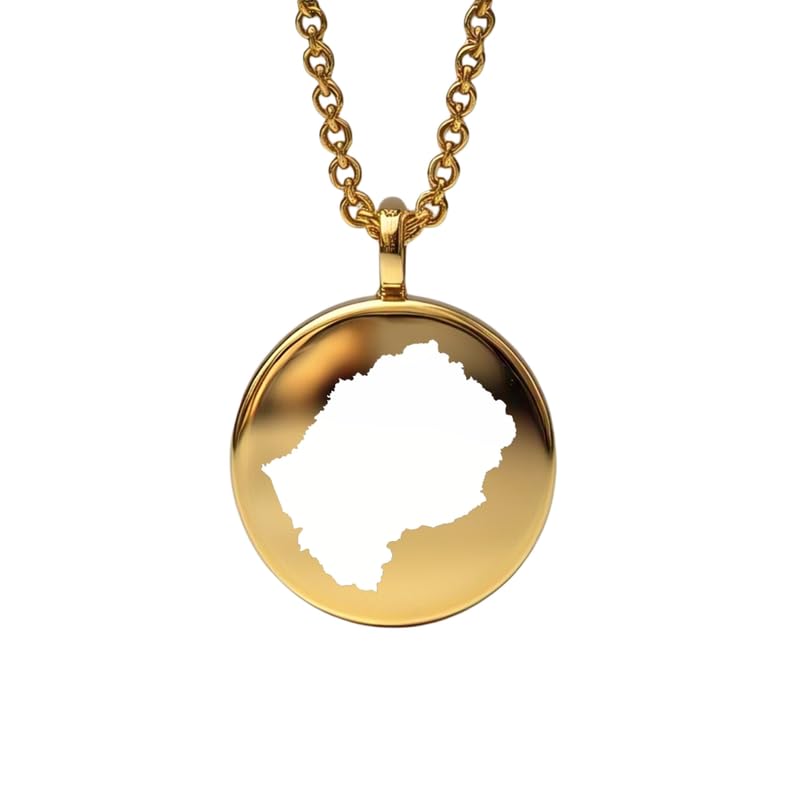 Pendentif carte du Lesotho en argent sterling plaqué or 14 carats, forme ronde de 24 mm et épaisseur de 1,5 mm, breloque Terre, bijou de voyage délicat | Médaillon gravé Aventure | LKB_MAP_575