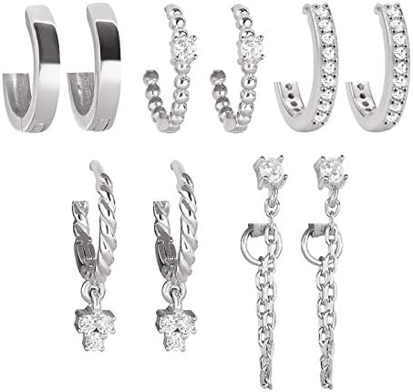 5 Pairs Silver Huggies Hoop Earrings Set for Women Girls Small Dangle Chain Hoop Earrings Jewelry for Gifts