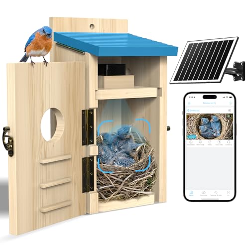 LuminiCam Bird House with Camera Solar Powered Wi-Fi Motion Detection & Night Vision Pine Wood Birdhouse with Camera Inside Ideal for Backyard & Nature Lovers(Light Blue)