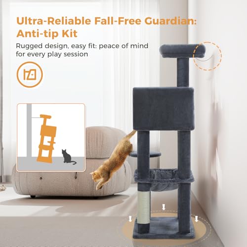 Image of MUTTROS Cat Tree for Indoor Cats, 44.5 inch Multi-Level Cat Tower with Large Metal Frame Hammock, Cat Condo with 2 Scratching Posts and Top Perch for Small to Medium Cats, Dark Gray