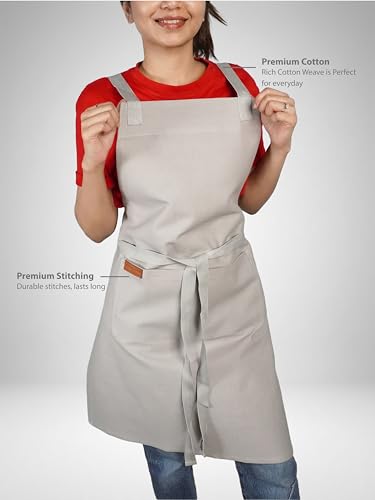 Image of Kitchen Apron - 100% Cotton, Adjustable Neck strap, Large Pocket - Unisex Apron for Men & Women - Cooking, Baking, BBQ, Gardening - Solid Colours, Striped and Checkered Patterns