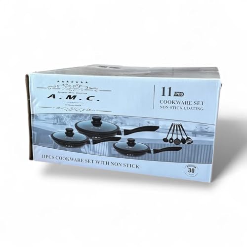 AMC Set Pentole Antiaderenti 11 Pezzi, Rivestimento in Pietra Lavica, Compatibile con Induzione, Include Padelle e Utensili da Cucina