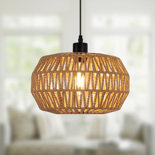 JIINOO Moderne Bambou Rotin Suspension, Ferme Tissé Osier Abat-jour, Boho Luminaires Suspension Lampe Vintage Plafonnier pour Chambre Salon Couloir Cuisine, 1...