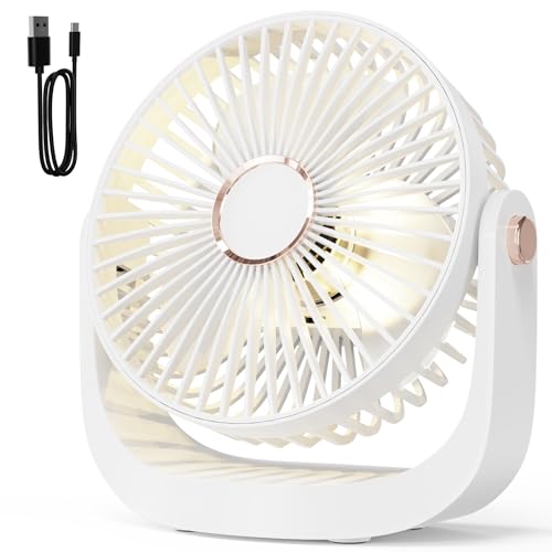 AICPAN Ventilador Silencioso con Luz Nocturna, Ventilador de Mesa Recargable USB 3000mAh, 5 Velocidades, Inclinación Ajustable 360° para Oficina, Dormitorio, Hogar, Blanco