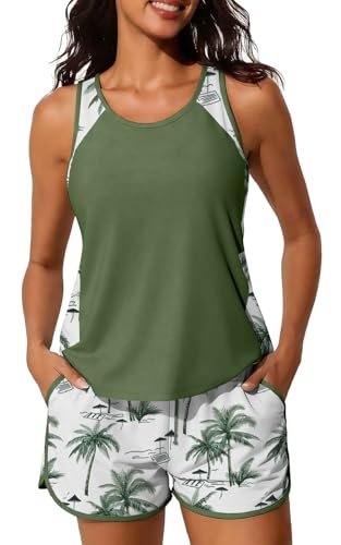 Yutdeng Tankini Mujer Reductor Barriga Traje de Baño Bañador Mujer con Pierna Camiseta Baño con Relleno Pantalon Bañador Vientre Plano con Bolsillos Dos Piezas Bañadores Mujer Tallas Grandes,Verde,M