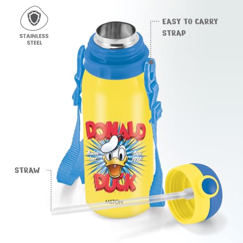 Image of MILTON Disney Torque 450 ISI Certified Stainless Steel Water Bottle, Leak Proof, Rust Proof, Single walled,1 Yr Warranty, Ideal Sipper Water Bottle for School Kids Bottle, 455 ml, Yellow