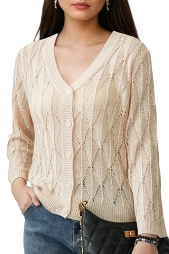 Image of Women's 2025 Crochet Sweater Cardigan 3 /4 Sleeve Lightweight Summer Knit Sweater | Open Front Boho Shrug Top | Beach Cover-Up & Office Wear | Machine Washable 21-Almond-L