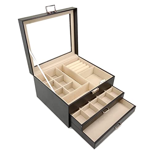 Jewelry Box with Glass Lid, 3-Layer Jewelry Organizer with 2 Drawers for Loved Ones Gifts, Black