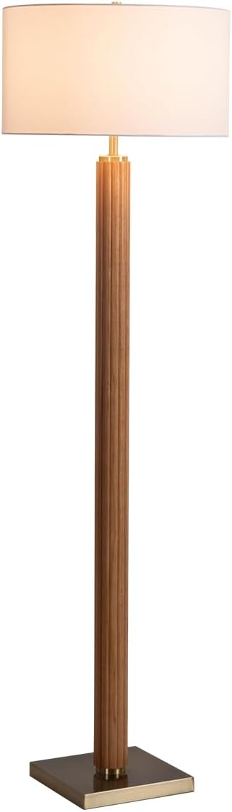 NOVA of California Tambo Floor Lamp - Natural Ash Wood Finish, Weathered Brass, White Linen Shade, Dimmer