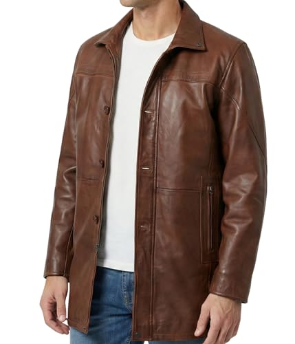Image of Decrum Car Coat Style Mens Leather Jacket - Real Lambskin Long Leather Jackets for Men