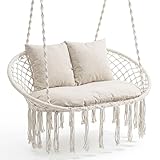 Giantex Double Hammock Chair with Cushions, Boho Macrame Swing Chair for Indoor & Outdoor, 2-Person Hanging Chair for Patio Balcony Porch, Holds Up to 600 Lbs, Beige