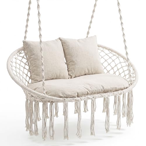Giantex Double Hammock Chair with Cushions, Boho Macrame Swing Chair for Indoor & Outdoor, 2-Person Hanging Chair for Patio Balcony Porch, Holds Up to 600 Lbs, Beige