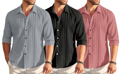 Image of FINIVO FASHION Combo of Men's Casual Cotton Plain Button Down Shirt Long Sleeve Textured Summer Beach Shirt for Men Pack of 3