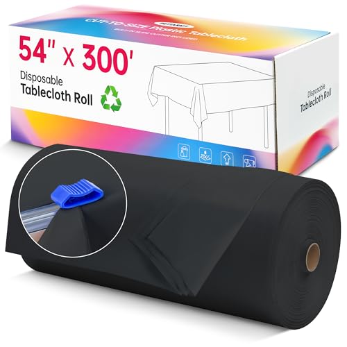 Image of Disposable Table Cloth Plastic, 54In x 300Ft Black Plastic Tablecloth Roll