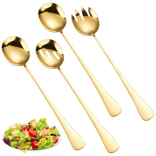 AKONE Salatbesteck Edelstahl 4 Stück, Salatbesteck Set mit Gabel und Löffe, 28 * 5.5cm, Salatlöffel Vorlegebesteck für Küche, Esszimmer, Familiencamping und Picknick (Gold)