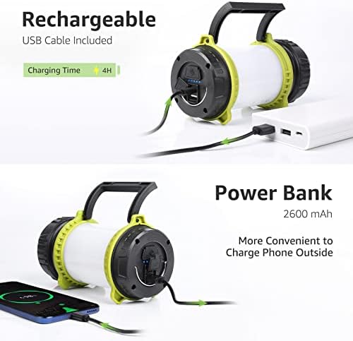 LE Rechargeable Camping Lights, 500 Lumen Bright LED Torch, 5 Modes Camping Lantern with 2600mAh Power Bank, Large Rechargeable Torch for Hiking, Fishing, Power Cuts, Emergency and More