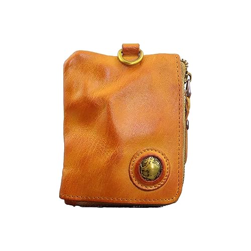 1 Pcs Medieval Pouch Mini Genuine Leather Coin Pouch-Genuine Cowhide Handcrafted Keychain Coin Organizer Zipper Coin Pouch (With Card Slot) Credit Card Holder Keychain Coin Purse (Yellow)