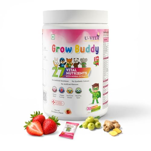 Image of U-VITA Grow Buddy Multivitamin Gummies for Kids (2+ Years) | No Added Sugar | 27 Essential Vitamins, Minerals & Pure herbal extracts | Made in India and Formulated in the UK | 30 Gummies, Strawberry