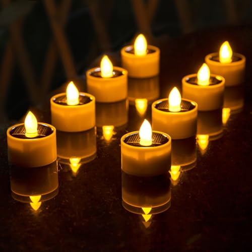 Solar Tea Lights Outdoor Waterproof 8pcs Rechargeable Dusk to Dawn Little Solar Votive Candles Flameless Flickering Small Light for Lantern Window DIY Chandelier Patio Deck Garden Decor (Warm Amber)