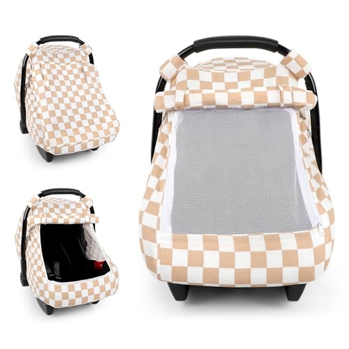 Image of DILIMI Car Seat Covers for Babies, Muslin Cotton Baby Car Seat Cover with Breathable Mesh Window, Summer Infant Car Seat Canopy for Boys Girls Newborn, Brown Checkered