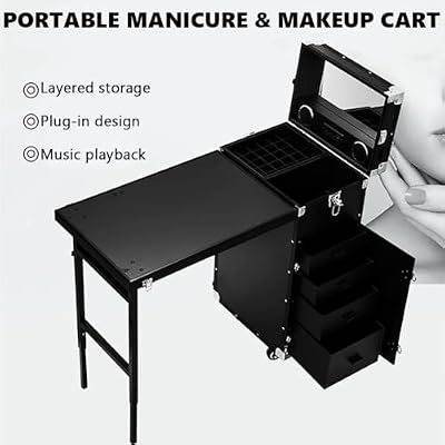 Foldable Manicure Workstation, Portable Manicure Table, Professional Expanded Nail Desk, Modern Rolling Art Nail Booth for Outdoors, Mobile Manicure Accessories, Travel Art Nail Desk,Black