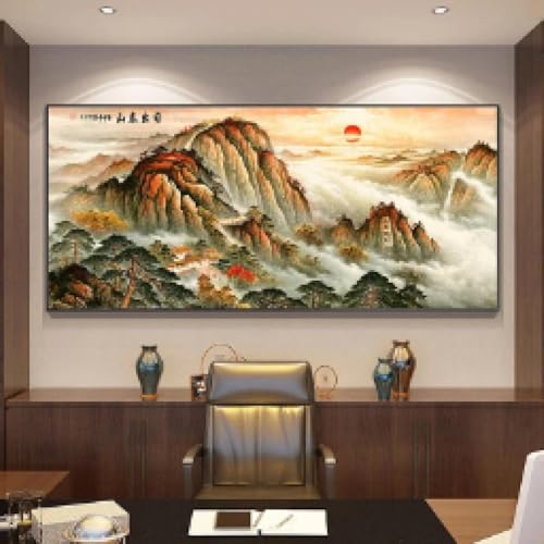 Toile encadrée pour habiller un mur vide : paysage de montagnes style chinois 55x110