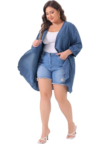 Image of Agnes Orinda Plus Size Cardigan for Women Open Front 3 /4 Sleeve Swiss Dots Lightweight Casual Cover Up 3X Blue