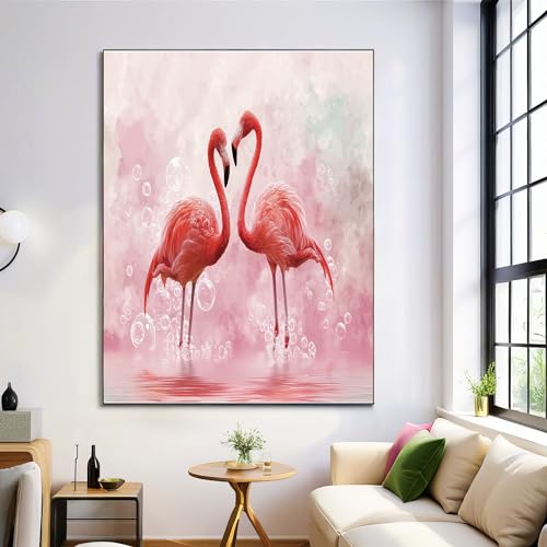 Tableau Décoratif Mural Contemporain, Flamant Rose Romantique Illustration Animale, Grand Tableau Sur Toile Moderne Design Salon Sans Cadre, Décoration Murale Toile...