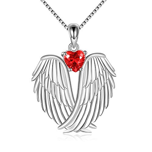 Image of YFN Angel Wings Necklace 925 Sterling Silver Guardian Angel Wings Pendant Necklace Birthstone Necklace for Women Girls Christmas Jewelry Gifts
