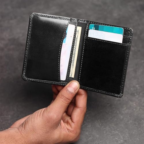 Image of Contacts Genuine Leather Slim Card Wallet for Men | RFID Blocking Minimalist Front Pocket Wallet | Compact Bifold Card Holder with Cash Slot (Black)