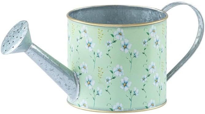 Napco Rustic Botanical Garden Pot Cover with Floral Print Design for Indoor & Outdoor Plants – 4.5 x 11.75 Inch Metal Green Watering Can with White Floral Pattern, Garden or Home Décor Accent