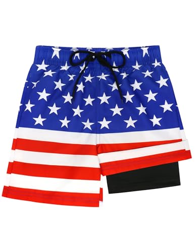 Olreco Youth Boys Swim Trunks with Compression Liner Boys American Flag Swim Trunks Boy Bathing Suit Kids 4th of July Swimsuit