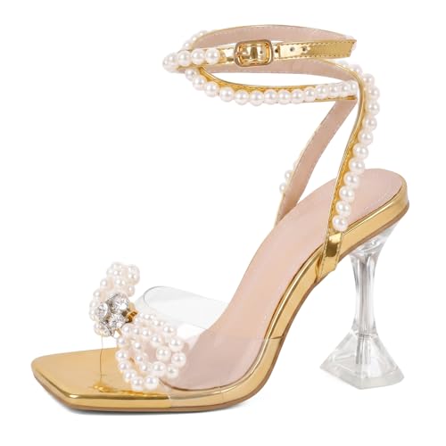 Image of Yolkomo Women's Square Toe Clear Heels Sexy Rhinestone Bow Heels Open Toe Ankle Strap Stiletto High Heel Sandals