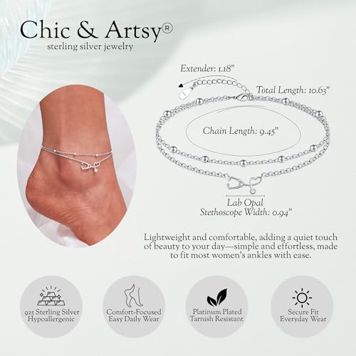 Image of CHIC & ARTSY 925 Sterling Silver Ankle Bracelets for Women, Adjustable Layered Foot Chains with Nature & Symbol Charms, Lightweight Comfort Fit Boho Beach Everyday Jewelry