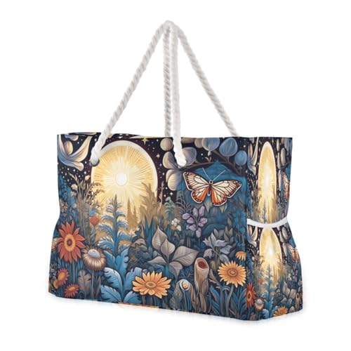 Butterfly Flowers Beach Bag & Travel Tote Bag Large Sandproof with Zipper Closure, Wet Pouch for Swim Gym Travel, Lightweight Foldable Outdoor Bag