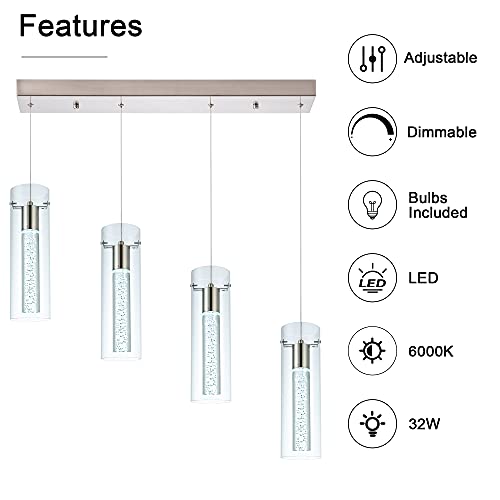 Image of Kitchen Lighting Pendant Fixtures 4-Light LED Pendant Ceiling Fixture Brushed Nickel Bubble Cylinder Pendant Light with Adjustable Length for Kitchen Island Dinning Room Bedroom