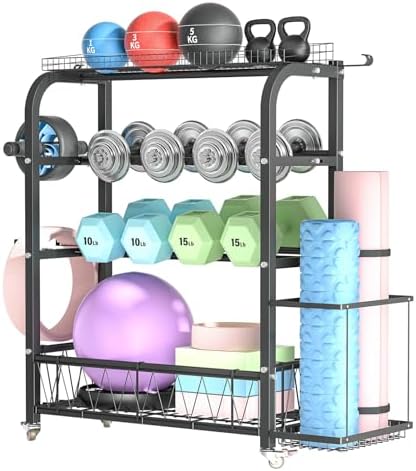 Dumbbell Rack, All in One Home Gym Storage Rack, High-Capacity Weight Rack for Dumbbells Yoga Mat Yoga Ball Kettlebells, Adjustable Workout Equipment Storage Rack with Wheels and Hooks 396lbs