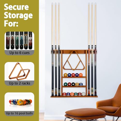 SUPERDIAMOND Pool Cue Rack Wall Mount - 6 Cue Holder with 16 Ball Holders & 6 Chalk Packs, Rubber Circle Pads & Large Clips to Prevent Damage, Billiard Accessories for Man Cave, Game Room, Bar,Brown - Thumbnail 4