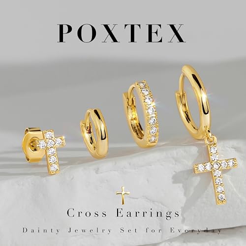 POXTEX Elegant Gold Cross Earrings Set for Women - Versatile Huggie and Stud Hoops for Multiple Piercings including Conch, Helix, and Tragus - Image 4