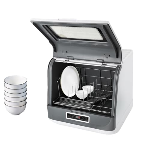 Lavavajillas de mesa, mini lavavajillas con 3 programas, utilizable con conexión de agua, secado automático, pantalla LED, mini lavavajillas para oficina, camping, autocaravana (blanco + gris)