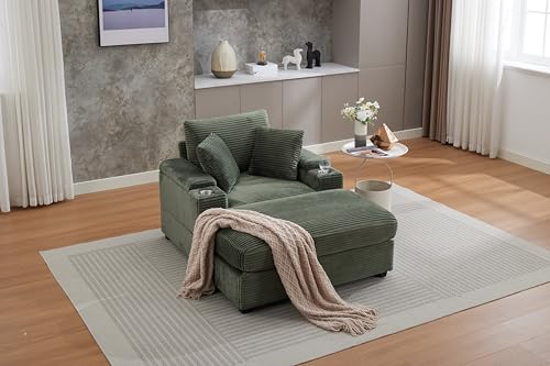 Image of 50 inch Corduroy Upholstered Chaise Lounge Chair Indoor, Modern Lazy Sofa with Storage Armrest, Sleeper Couch with Cup Holders for Living Room, Dark Green