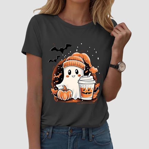 T-shirt à manches courtes pour femme - Col rond - Imprimé fantôme d'Halloween - Graphique - Vacances - Décontracté - Tendance - Doux et léger - Pull amusant pour femme, gris, L