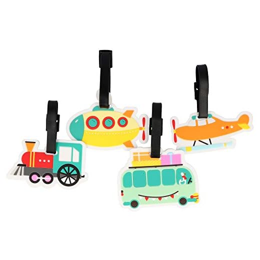 COM-FOUR® 4 Bagagelapp av flexibel plast i ljusa färger, bagagelapp för märkning med fantastiska mönster (04 st. - Buss. Tåg. Plan. U-båt)